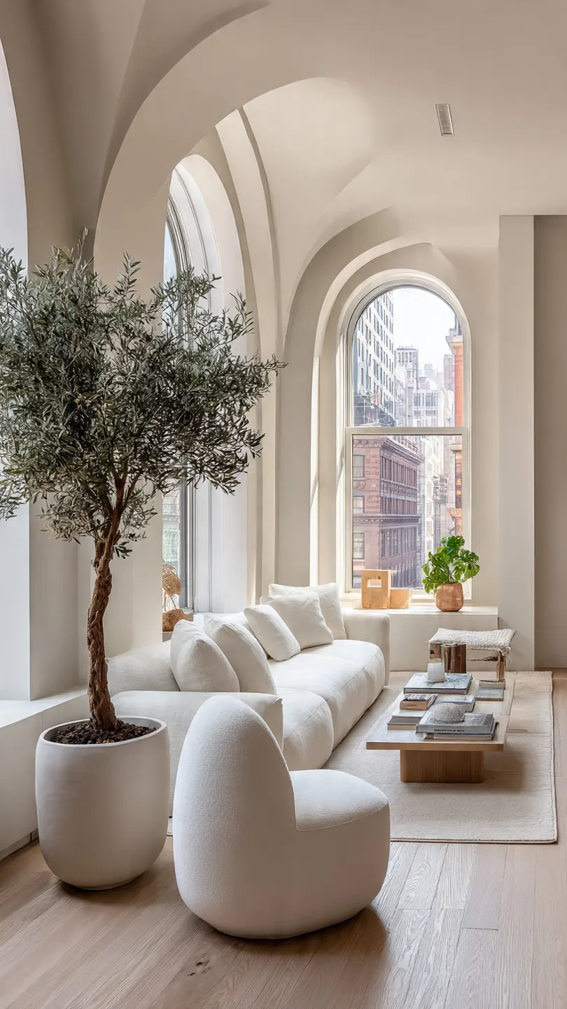 A fully transformed, spacious looking small living room with smart decor and lighting.