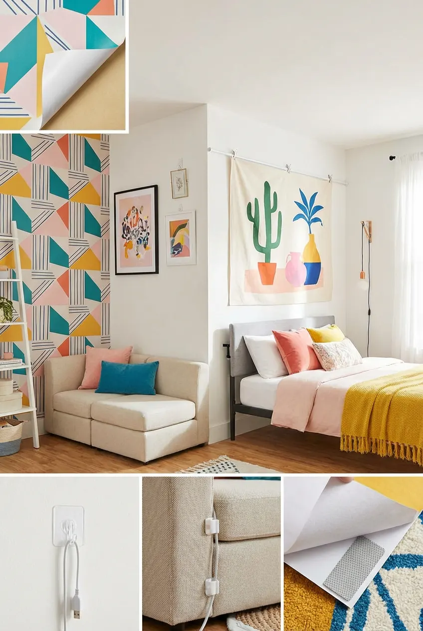 Stylish renter-friendly bedroom makeover with no damage to walls