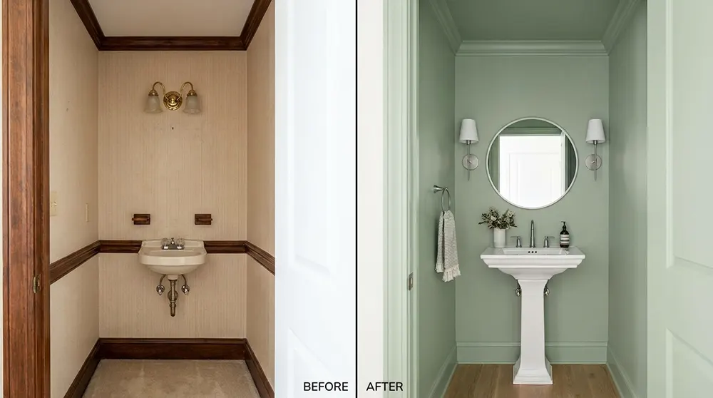 Before-and-after image of a transformed hallway.