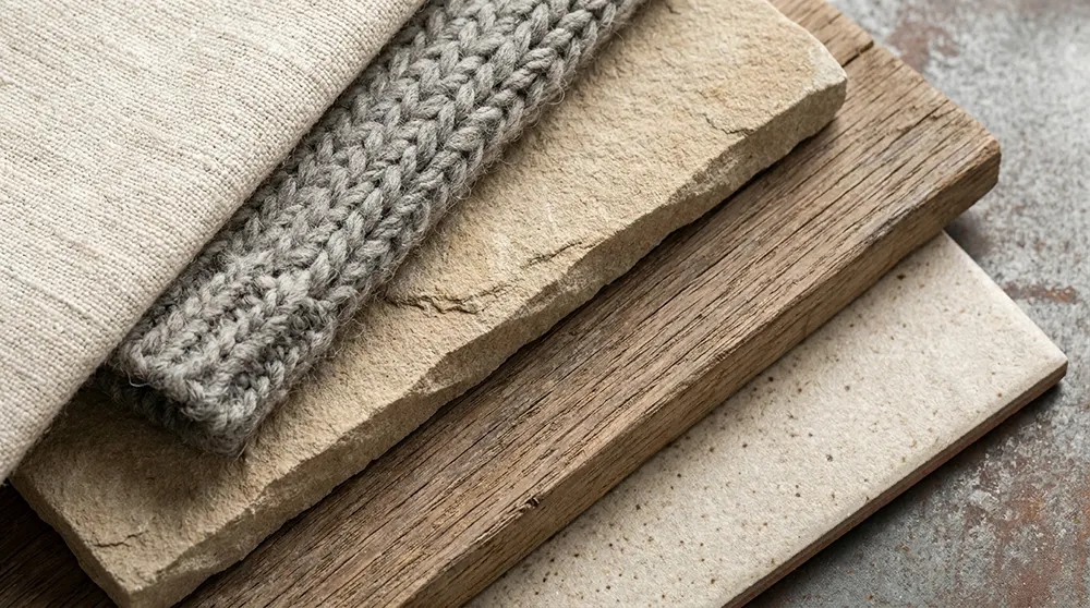 Image of neutral texture layers linen, wool, stone, wood, ceramic, and metal.
