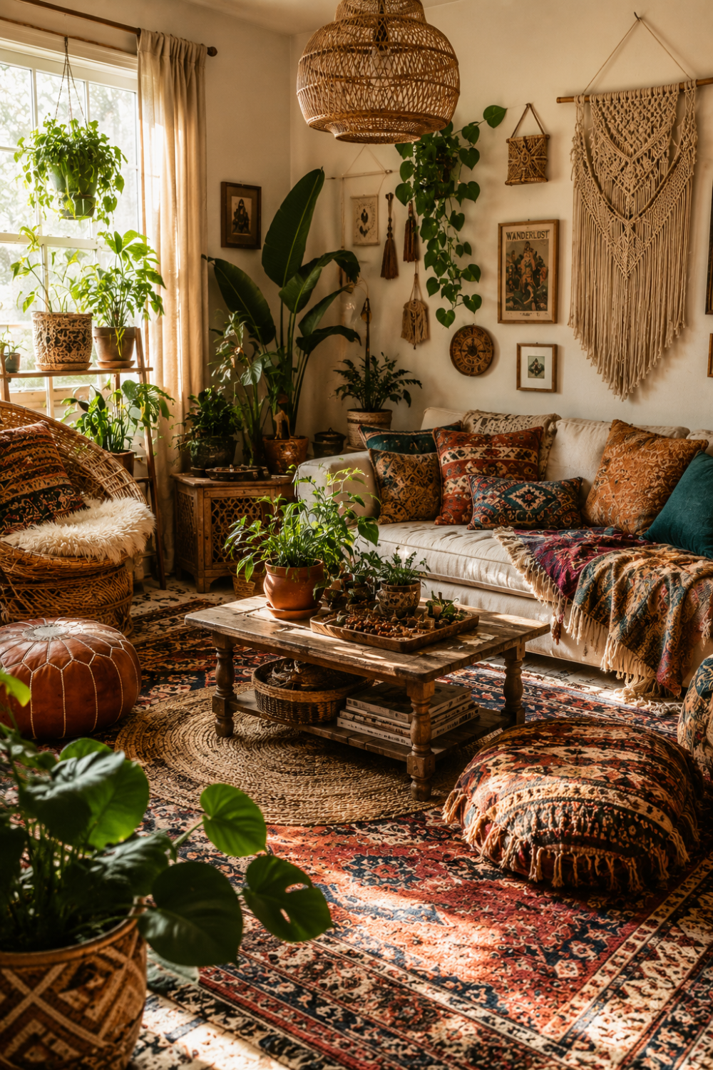 Cozy bohemian living room with plants