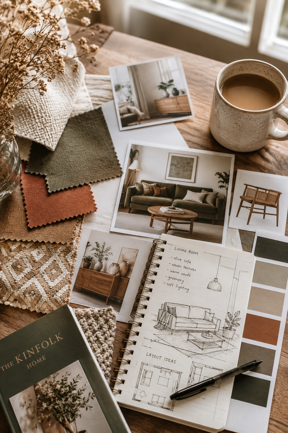 Cozy interior design moodboard workspace