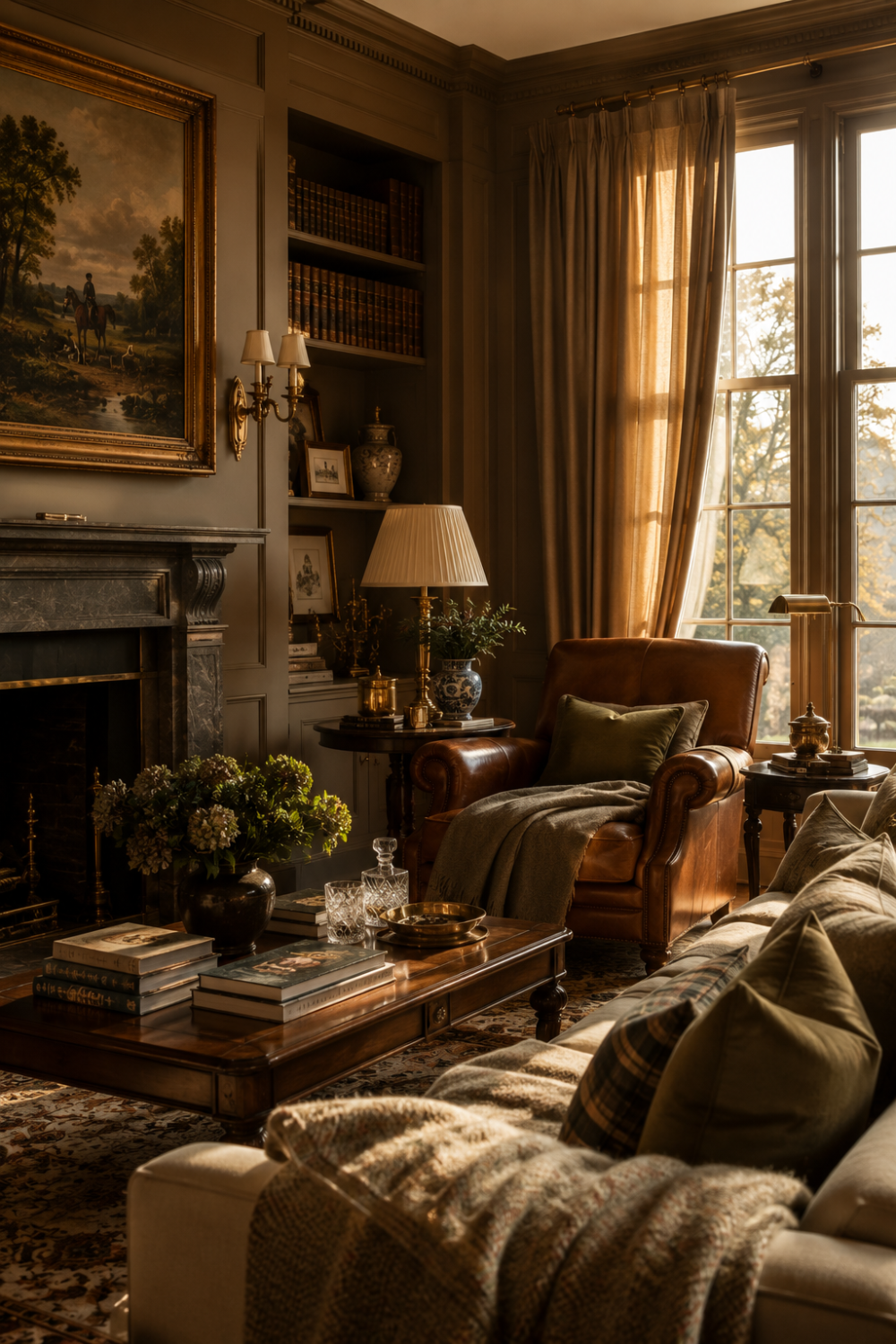 Elegant wood-paneled study with golden light